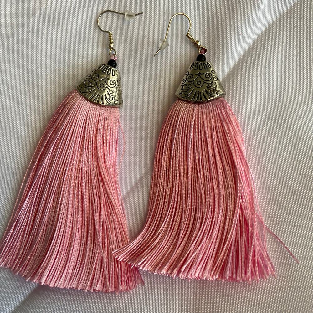 Pink Fringe Tassel Dangle Earrings Silver Tone Engraved Boho Statement Earrings